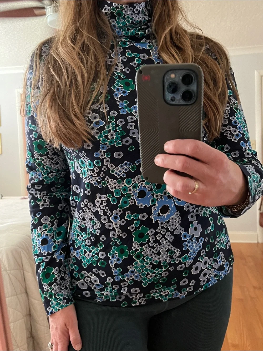 J. Crew Floral Printed Tissue Turtleneck large - navy teal multi
